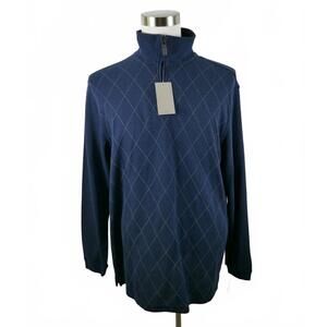 NEW Haggar Mens LS 1/4 Zip Navy Blue Argyle Pullover Sweater L